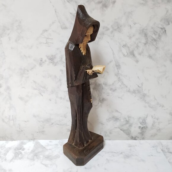 MCM Religious Old Man Hood Robe Book Vintage Hand Carve Wood Statue Goth Witchy - Picture 6 of 9